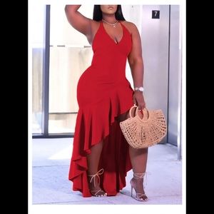 Solid High-Low Ruffle V-neck Sleeveless Maxi dress